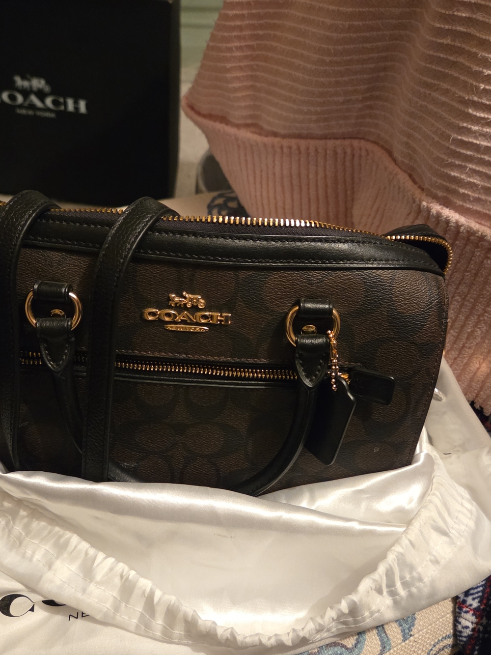 COACH Brown Signature Canvas Rowan Satchel with Black Trim
